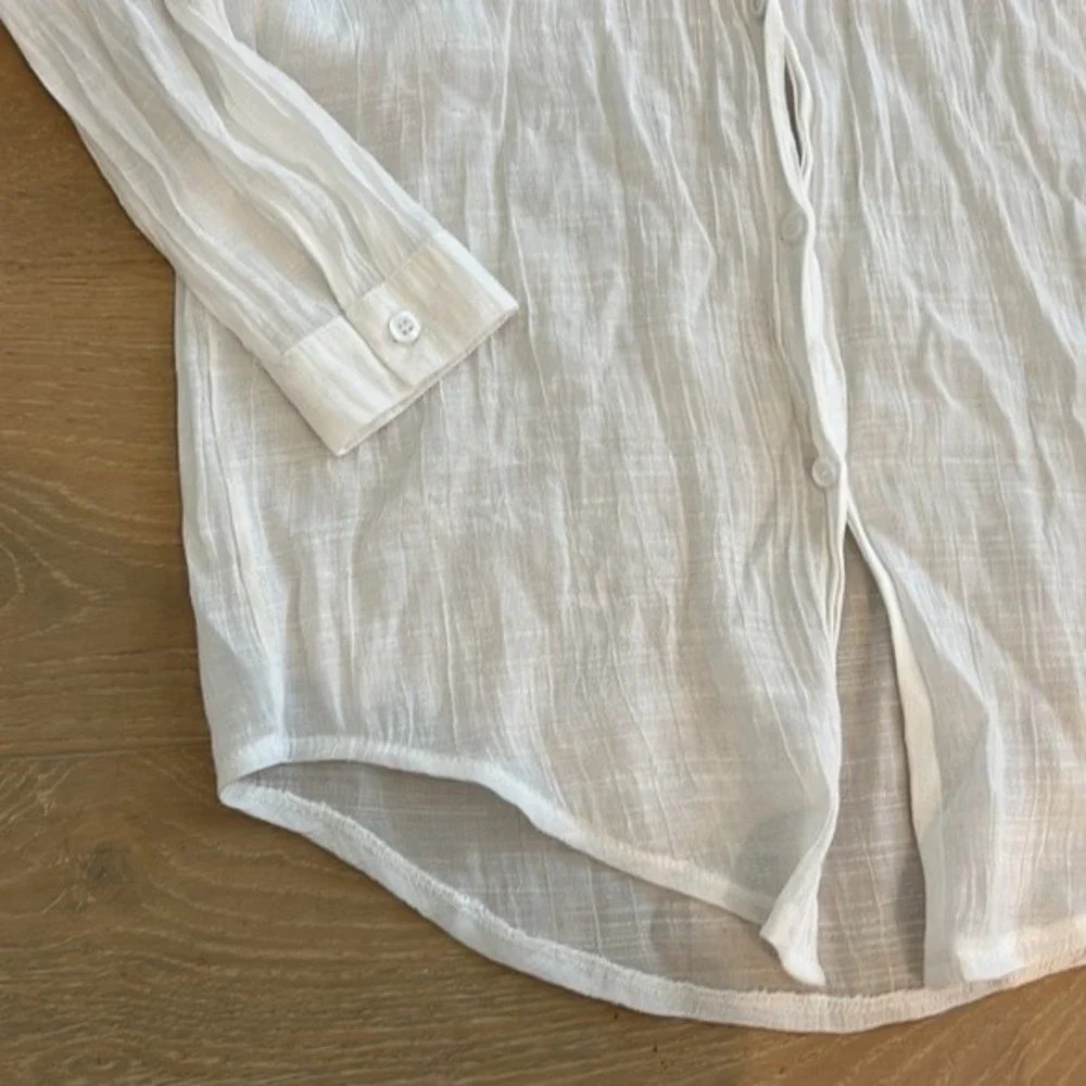 Women’s White Long Sleeve Shirt Beach Cover Up Sheer Gauzy Button Up Blouse Top - Picture 5 of 8